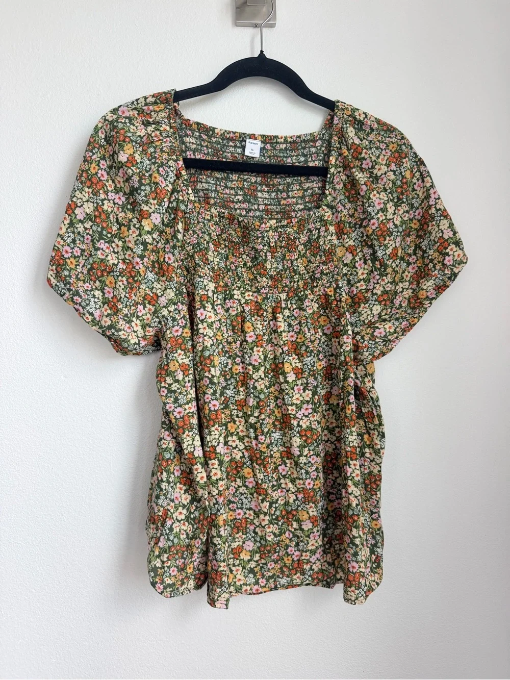 Old Navy Green Floral Smocked Square-Neck Blouse